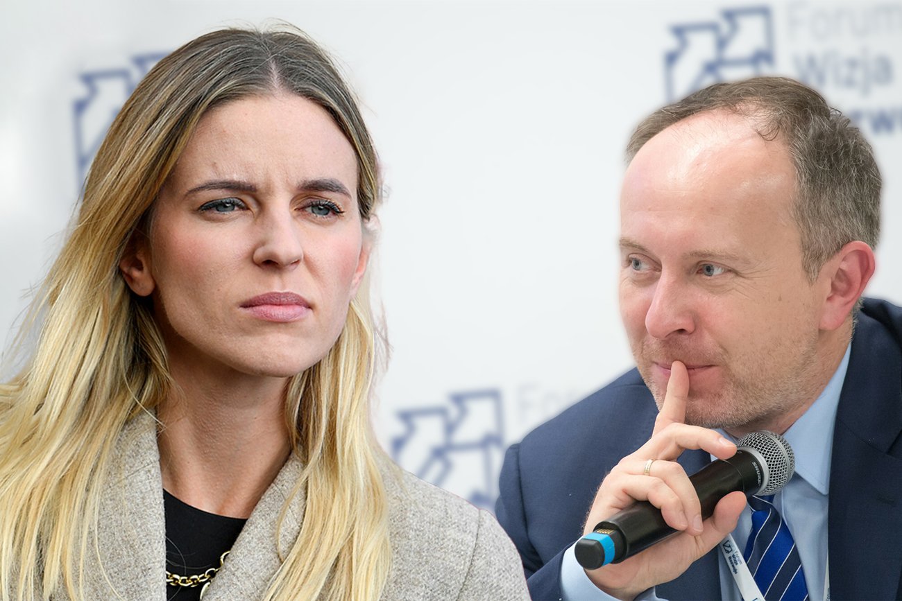 Wiceministra Aleksandra Gajewska wpatrzona w dal i Miłosz Manasterski trzymający mikrofon.