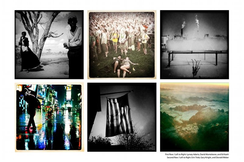 Zdjęcia prezentowane na wystawie "iSee": w pierwszym rzędzie od lewej autorstwa Lynsey Addario, Davida Monteleone, Eda Kashiego, w drugim rzędzie: Erin Trieb, Gary'ego Knighta i Donalda Webera
