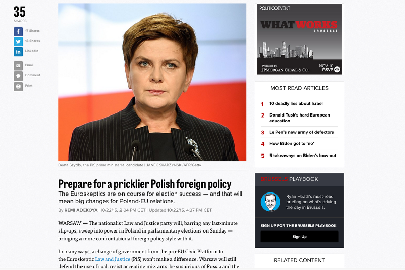 "Politico" pisze o wizji polityki zagranicznej przyszłego rządu PiS