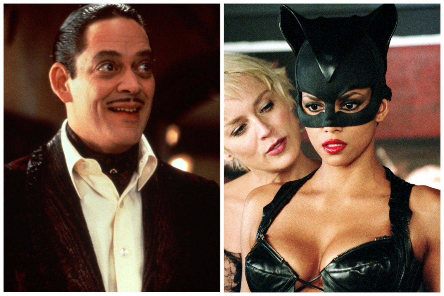 Po lewej aktor Raul Julia w doskonałej czarnej komedii "Rodzina Addamsów". Po prawej: Halle Berry w fatalnym filmie "Catwoman".