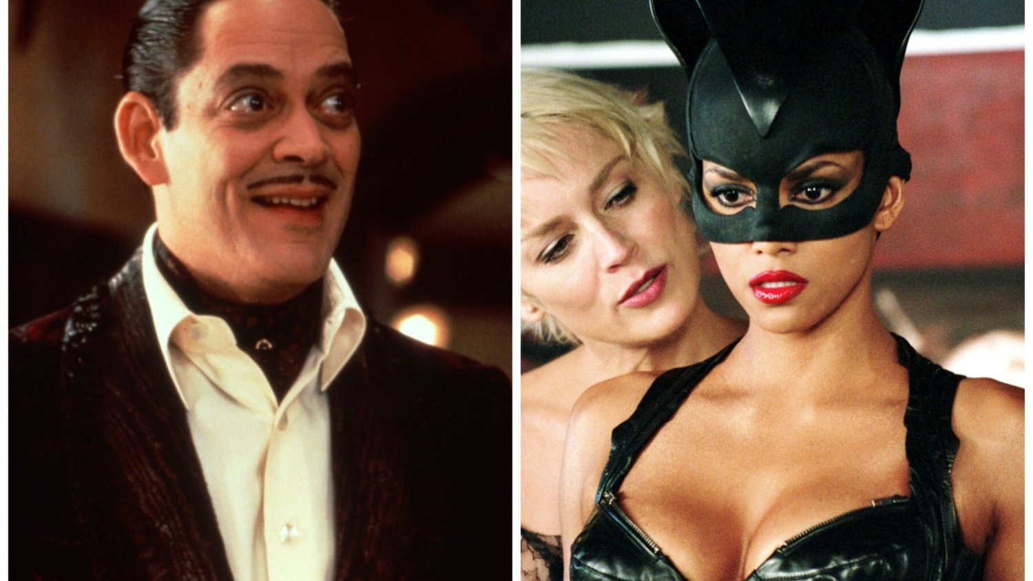 Po lewej aktor Raul Julia w doskonałej czarnej komedii "Rodzina Addamsów". Po prawej: Halle Berry w fatalnym filmie "Catwoman".