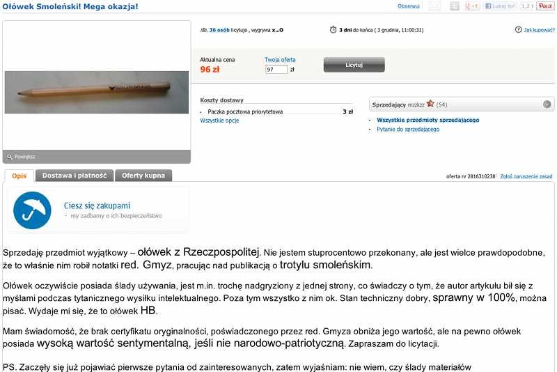 Aukcja "Ołówka smoleńskiego" na Allegro stała się popularna po zwolnieniu Pawła Lisickiego.