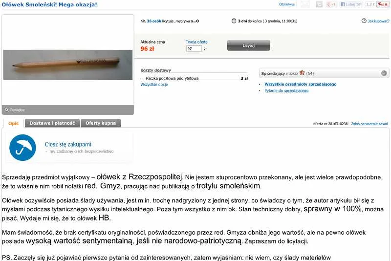 Aukcja "Ołówka smoleńskiego" na Allegro stała się popularna po zwolnieniu Pawła Lisickiego.