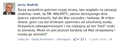 Poseł Jerzy Budnik pisze walentynkowe życzenia z serca.