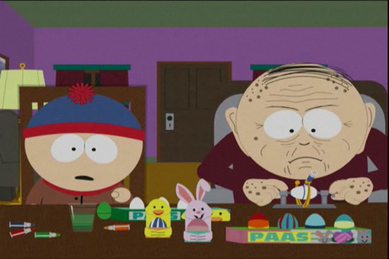 Stan i dziadek Marsh malują jajka - początkowy kadr z odcinka nr 5 w 11 serii "South Parku": "Fantastic Easter Special".