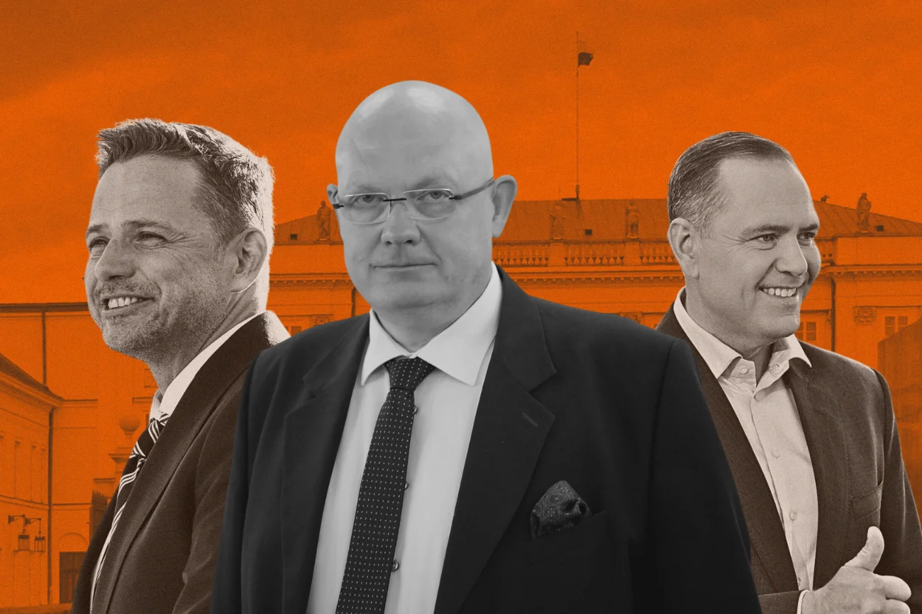 Wybory prezydenckie odbędą się w niedzielę 1 czerwca. W drugiej turze można zagłosować na Rafała Trzaskowskiego (KO) lub Karola Nawrockiego (PiS). Od lewej: Rafał Trzaskowski, Michał Gramatyka i Karol Nawrocki na tle Pałacu Prezydenckiego.