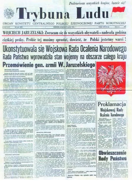 Pierwsza strona "Trybuny Ludu", obwieszczająca wprowadzenie stanu wojennego.
