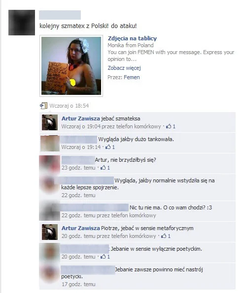 Wpis Artura Zawiszy pod zdjęciem na profilu grupy Femen.