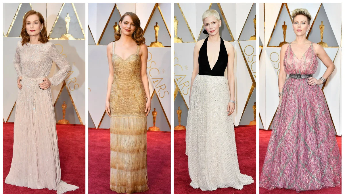 Oscarowe kreacje, od lewej: Isabelle Huppert, Emma Stone (tegoroczna laureatka Oscara dla najlepszej aktorki pierwszoplanowej), Michelle Williams i Scarlett Johansson