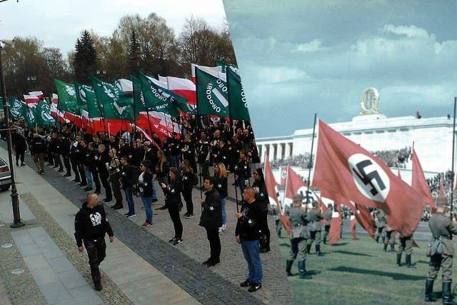 Młodzież stojąca ze sztandarami w ręku w równych szeregach. W Białymstoku po lewej, w Norymberdze po prawej. Historia kołem się toczy...