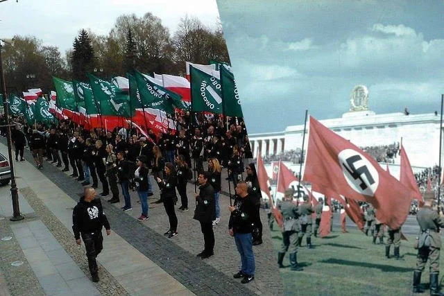 Młodzież stojąca ze sztandarami w ręku w równych szeregach. W Białymstoku po lewej, w Norymberdze po prawej. Historia kołem się toczy...