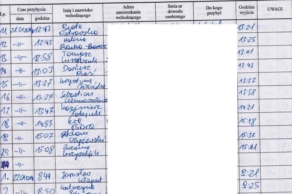 Jedna ze stron księgi wejść i wyjść Ministerstwa Kultury i Dziedzictwa Narodowego.