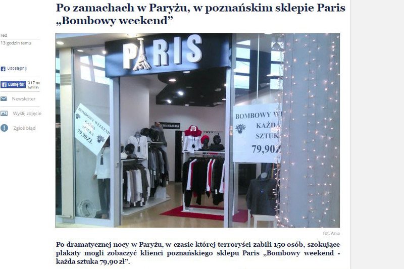 Sklep Paris z plakatami z "bombowym weekendem".