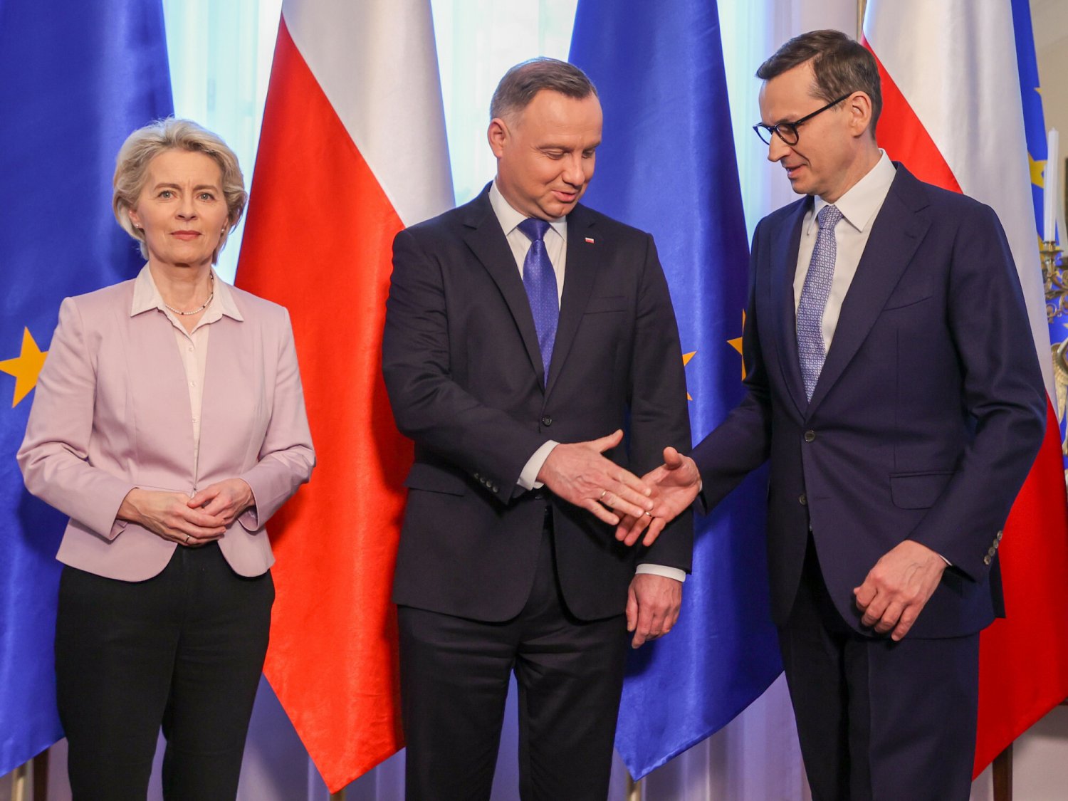 Szefowa KE Ursula von der Leyen, prezydent RP Andrzej Duda i premier Polski Mateusz Morawiecki.