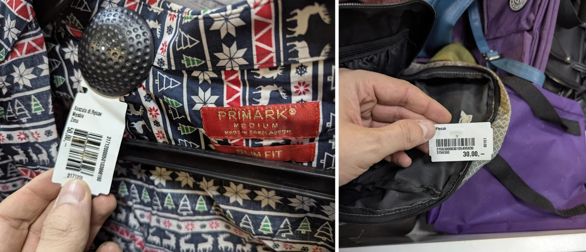 Męska koszula Primark w świąteczny wzór z reniferami z metką za 50 zł i używany plecak z metką za 30 zł w lumpeksie Vive Profit
