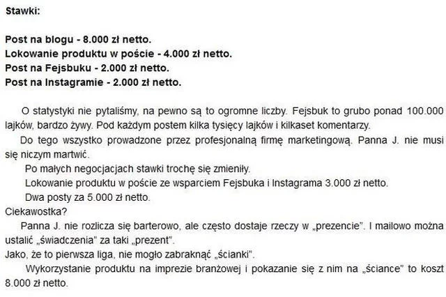 Zarobki jednej z blogerek modowych o pseudonimie "J".