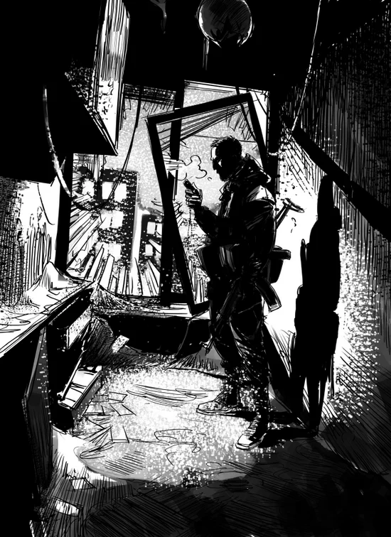 ilustracja Roberta Adlera do powieści Bartka Biedrzyckiego "Kompleks 7215"