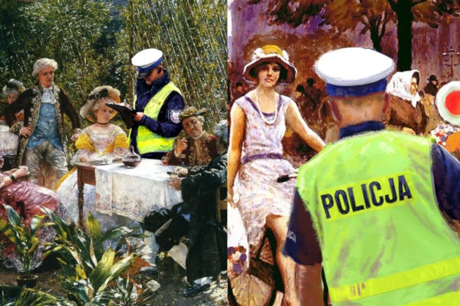 Polski artysta pokazuje polskich policjantów podczas kwarantanny na słynnych obrazach