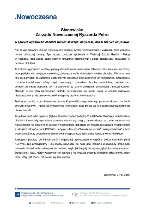 Stanowisko opublikowane przez Zarząd .Nowoczesnej Ryszarda Petru.
