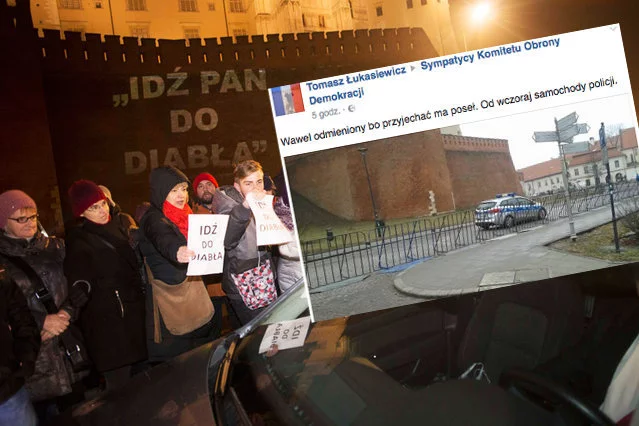 Mieszkańcy Krakowa witają działaczy PiS na wawelskiej miesięcznicy cytatem z posła Jarosława Kaczyńskiego.