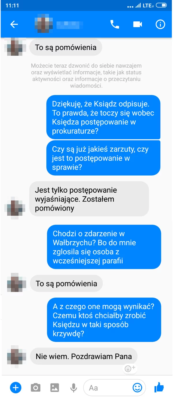 "To pomówienia" – odpowiedział ksiądz K. na pytania, czy dopuścił się jakichś czynów, które mogą być uznane za molestowanie seksualne osób nieletnich oraz dlaczego nie jest przypisany do żadnej parafii.