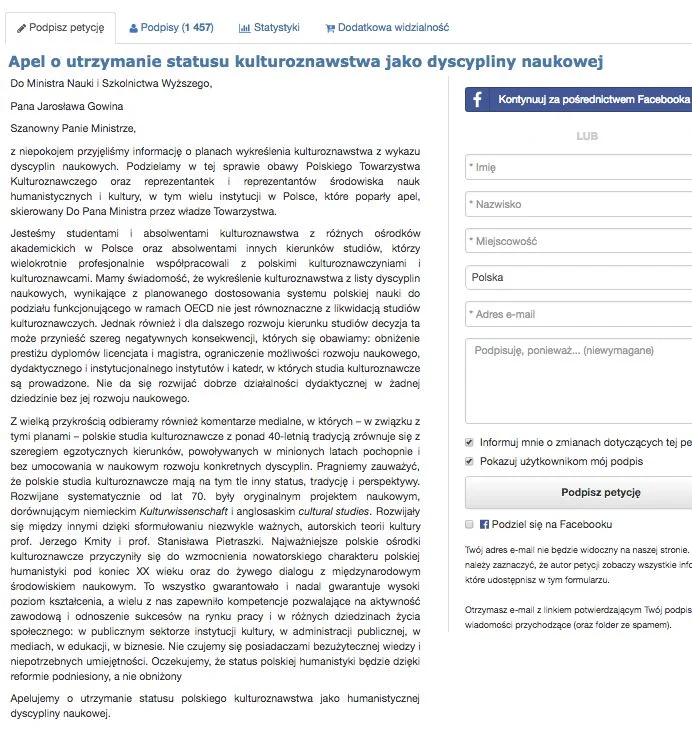 Apel o utrzymanie statusu kulturoznawstwa jako dyscypliny naukowej do godz. 16.20 podpisało ponad 1,9 tys. osób.