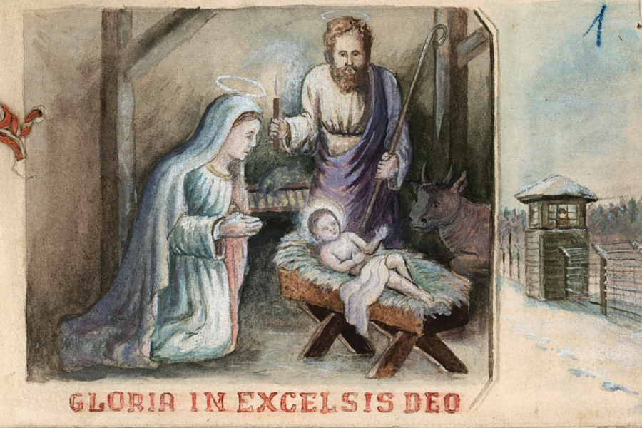 Kartka świąteczna przygotowana przez więźnia obozu.