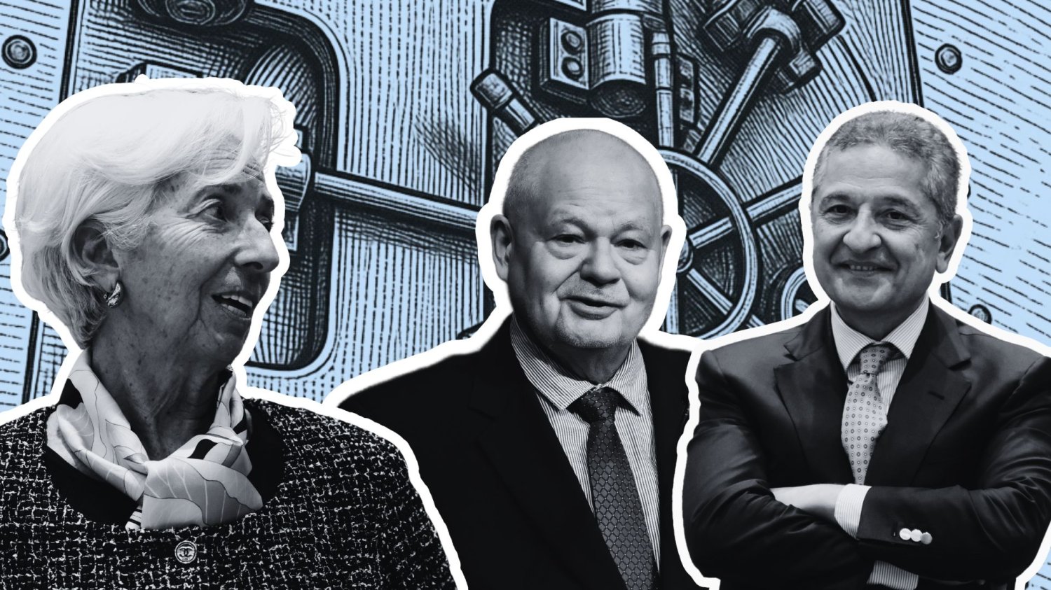 Jastrzębie, Sowy i "Złoty Adam". Oto teatr europejskich bankierów Christine Lagarde, Adam Glapiński i Fabio Panetta na tle sejfu