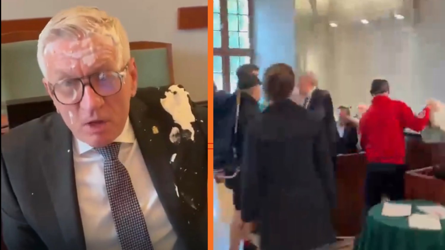 Prezydent Poznania dostał tortem w twarz. "Taką hołotę trzeba wyprowadzić" Prezydent Poznania, kadr z awantury podczas sesji Rady Miasta.
