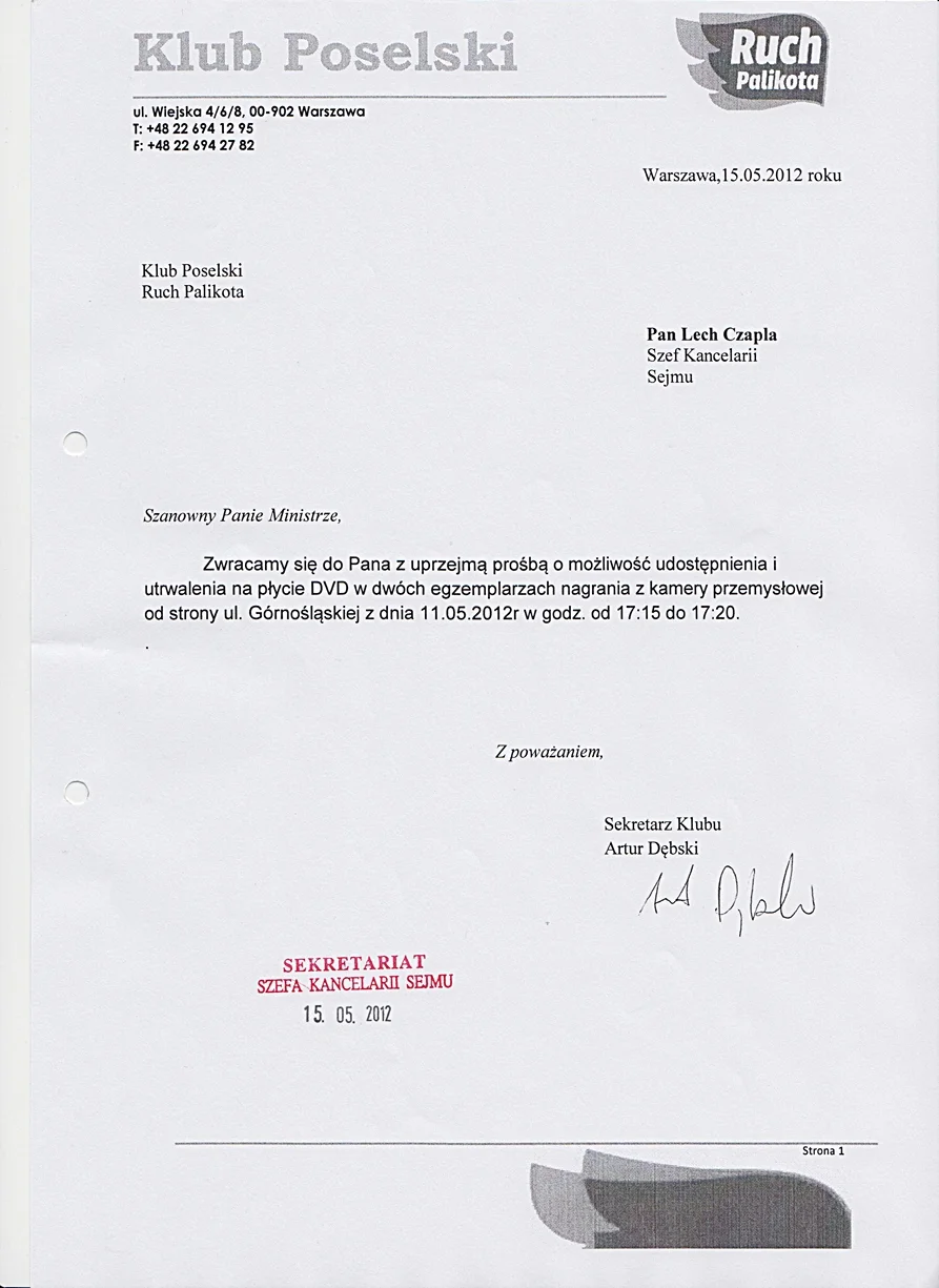 Prośba Klubu Ruch Palikota o udostępnienie zapisu monitoringu