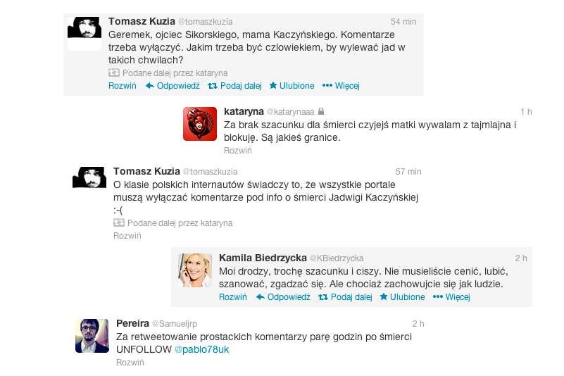 Wielu użytkowników Twittera oburzyły chamskie komentarze pod informacją o śmierci Jadwigi Kaczyńskiej