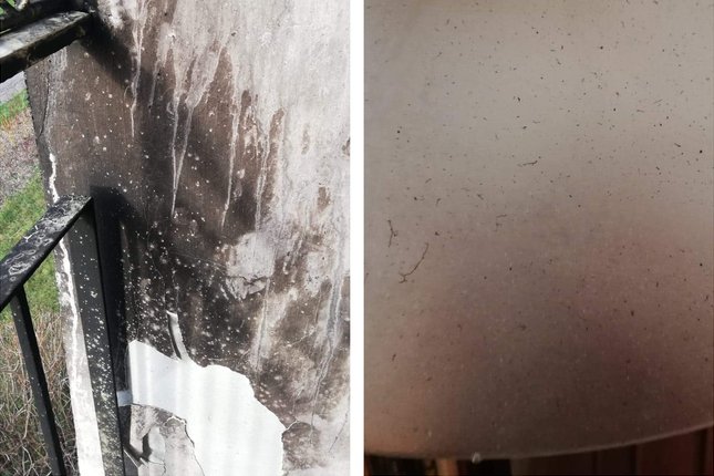 Balkon (po lewej), na którym wybuchł pożar wywołany przez ludzi odpalających fajerwerki, ma spaloną elewację. Wnętrze mieszkania (po prawej) pokryte jest sadzą.