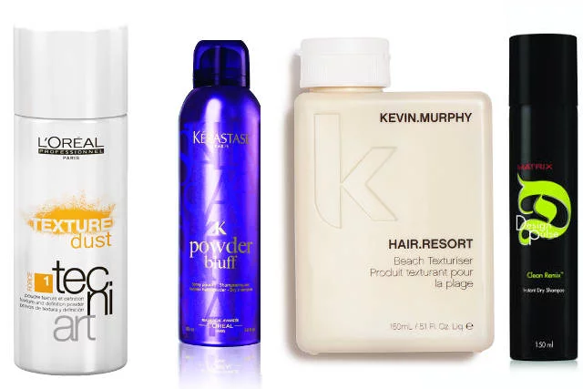 Pomocnicy z salonu. Od lewej: puder do stylizacji włosów Texture Dust L'Oreal Professionnel, suchy szampon Ppwder Bluff Kerastase, mleczko do układnia mokrych fal Hair Resort Beach Texturiser Kevin Murphy, suchy szampon Clean Remix Matix