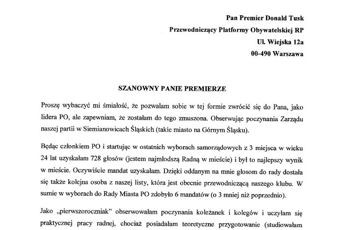 Fragment listu Doroty Połedniok do Donalda Tuska