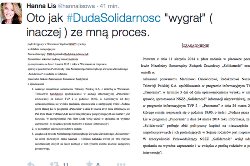 Hanna Lis prostuje informacje szefa "Solidarności" Piotra Dudy