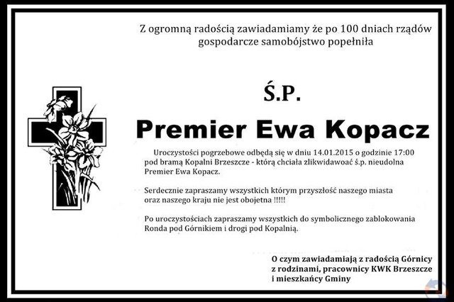 W ramach górniczego protestu przygotowano "nekrolog" Ewy Kopacz