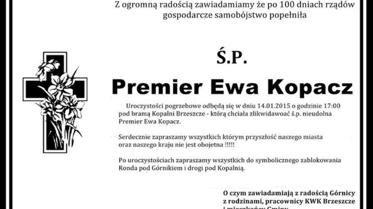 W ramach górniczego protestu przygotowano "nekrolog" Ewy Kopacz