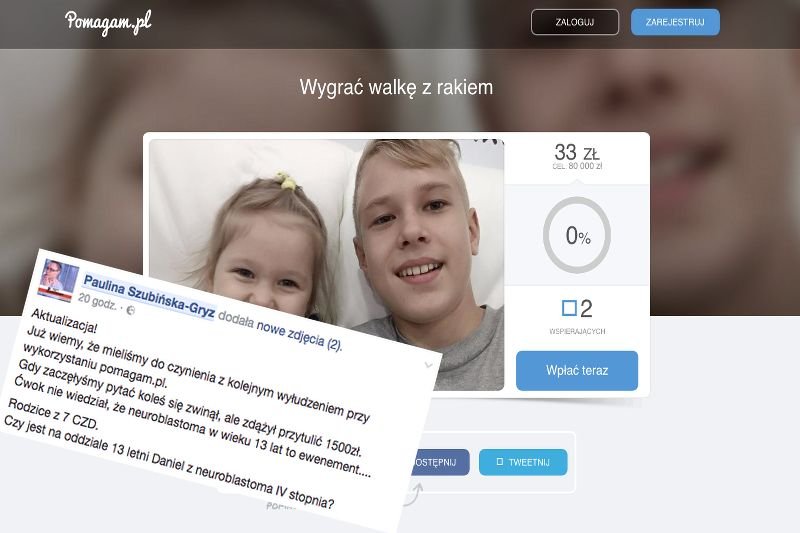 Kolejny przekręt na "chore" dziecko. Sprawdzajmy komu chcemy pomóc.