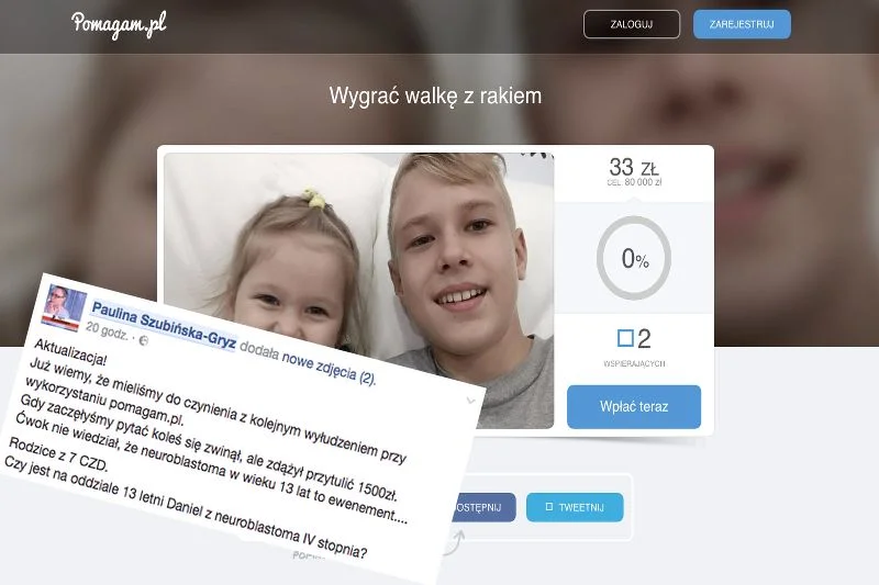Kolejny przekręt na "chore" dziecko. Sprawdzajmy komu chcemy pomóc.
