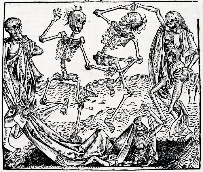 Danse Macabre, czyli korowód wszystkich warstw społecznych, prowadzony przez kościotrupa.