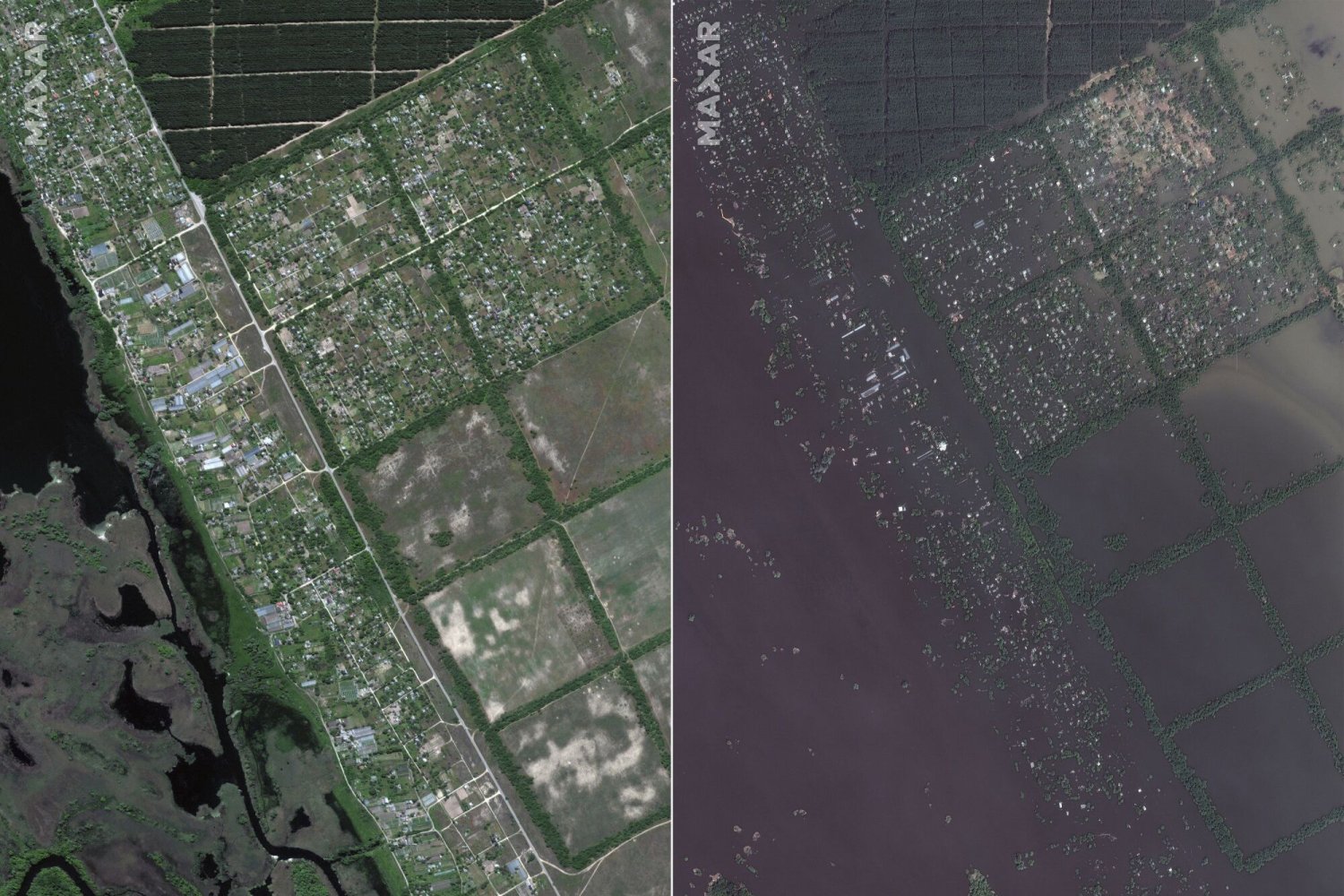 Zdjęcia firmy Maxar ukazują rozmiary powodzi w Ukrainie.