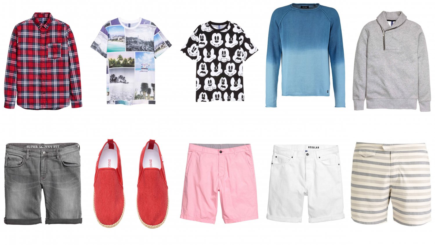 koszula, H&M, 79,90, t-shirty H&M, 39,90, sweter Only&Sons, 89,50, bluza z szalowym kołnierzem, H&M 99,99, szorty jeansowe H&M, 79,90, czerwone espadryle H&M 39,90, różowe szorty H&M 39,90, białe szorty H&M 99,99, szorty w paski Pier One 64 zł