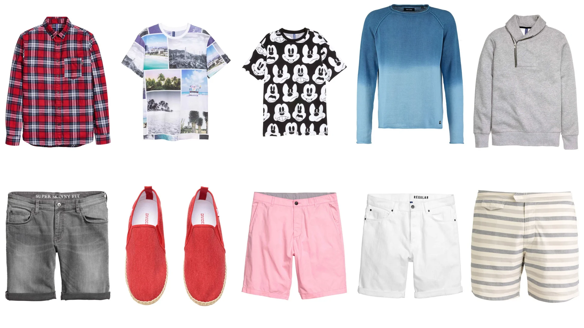 koszula, H&M, 79,90, t-shirty H&M, 39,90, sweter Only&Sons, 89,50, bluza z szalowym kołnierzem, H&M 99,99, szorty jeansowe H&M, 79,90, czerwone espadryle H&M 39,90, różowe szorty H&M 39,90, białe szorty H&M 99,99, szorty w paski Pier One 64 zł