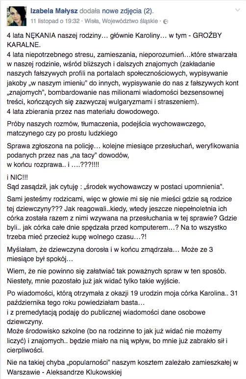 Post Izabeli Małysz o młodej stalkerce.