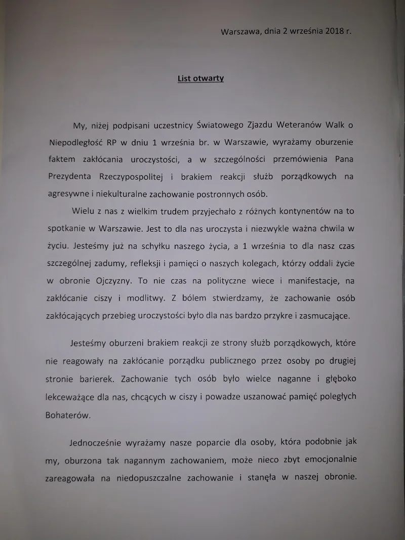 Do oświadczenia Dominiki Arendt-Wittchen było dołączone oddzielne pismo od kombatantów.