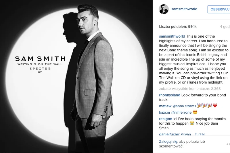 Sam Smith dołączy do zacnego grona wykonawców głównych piosenek z filmów o agencie 007.