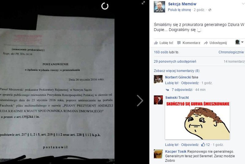 Autorom usuniętego mema może grozić do 3 lat więzienia.