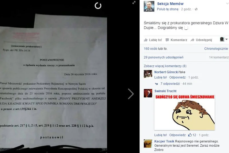 Autorom usuniętego mema może grozić do 3 lat więzienia.