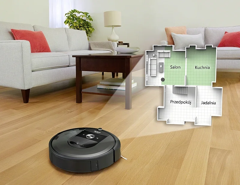 Robot Roomba i7,, tworząc mapy, uczy się domu, do którego go sprowadzono, i zapamiętuje nazwy pomieszczeń