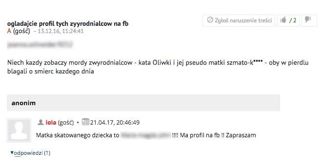 Pod artykułami o przestępstwach, internauci podają namiary na konta.